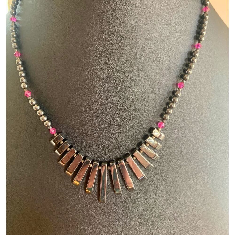 Vintage Hematite Cabochon and bead Necklace, Unmarked